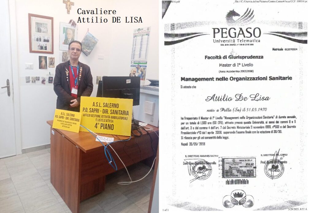 ASL Salerno: il Cav. Attilio De Lisa idoneo per incarico in quanto dal 2008 in possesso del master universitario di I Livello in coordinamento delle professioni sanitarie