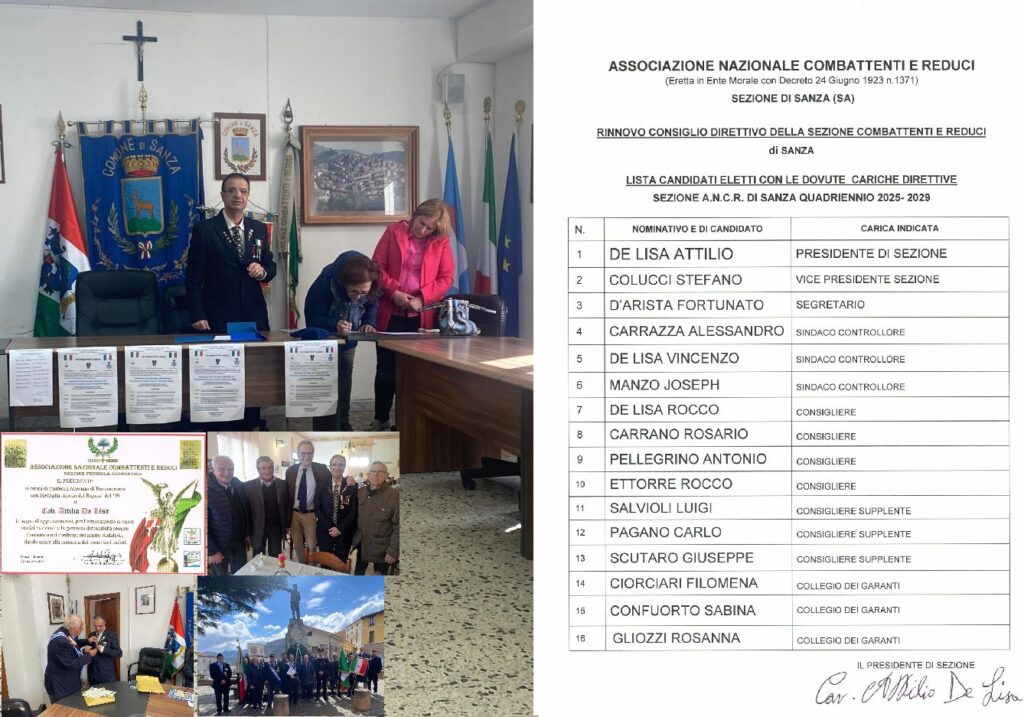 Prefettura di Salerno-Comune di Sanza , il Cav. Attilio De Lisa confermato Presidente di Sezione Associazione Nazionale Combattenti e Reduci 2025 – 2029