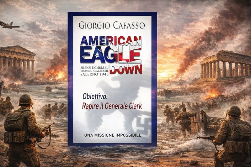 American Eagle Down, il nuovo romanzo di Giorgio Cafasso che racconta l’Operazione Avalanche Cover romanzo di Giorgio Cafasso modificato con AI